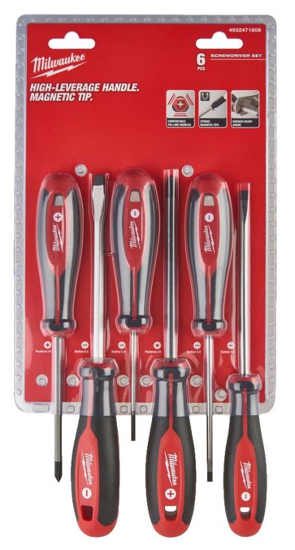 Набор отверток магнитных с трехгранной рукояткой MILWAUKEE, (PZ1/PZ2/SL3/SL4/SL5.5/SL6.5), (6шт)