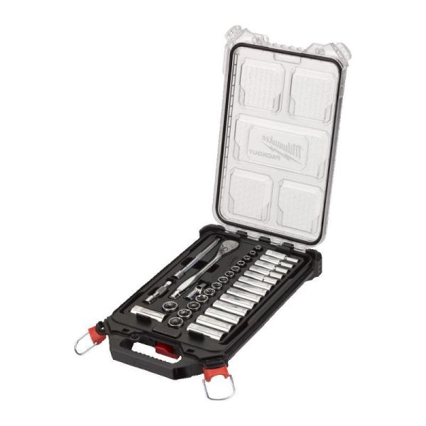 Набор головок торцевых хромированных метрических ⅜″ PACKOUT™ MILWAUKEE, с воротком (38шт) Набор головок торцевых хромированных метрических ⅜″ PACKOUT™ MILWAUKEE, с воротком (38шт)