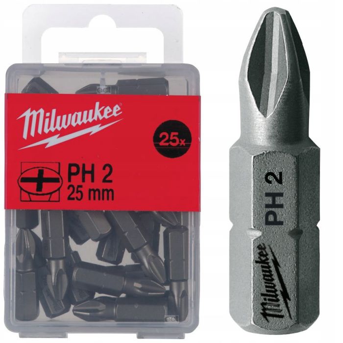 Бита MILWAUKEE, PH2, 25мм, (25 шт)
