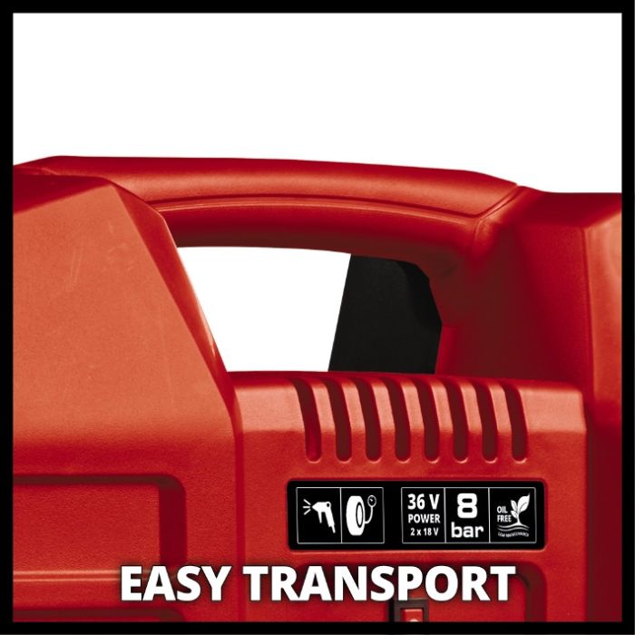 Компресор акумуляторний Einhell TE-AC 36/8 Li OF  (4020440)  X-Change (без акум.), 36В, в формі валізи, 130 л/хв, безмасляний,  + пістолет і шланг 2.5м + кінцевики