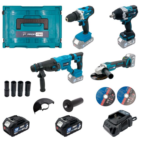 Акумуляторний набір інструментів PROFI-TEC Combo Set 4/4 POWERLine (PBH201BL, DTW800BL, DGA20BL, PCD2820V) (2×PT2040MP (4.0 Аг), зарядний пристрій)