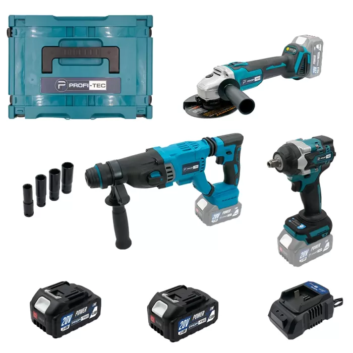 Акумуляторний набір PROFI-TEC Combo Set 3/9 20V (PBH201, DTW500BL, DGA20BL) (2 х PT2040MP (4.0Aг) зарядний пристрій, кейс