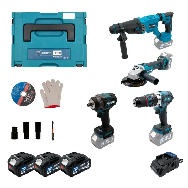 Акумуляторний набір інструментів PROFI-TEC Combo Set 4/5 POWERLine (DHP485BL, PBH201, DGA20BL, PTW502) (3×PT2040MP (4.0 Аг), зарядний пристрій)