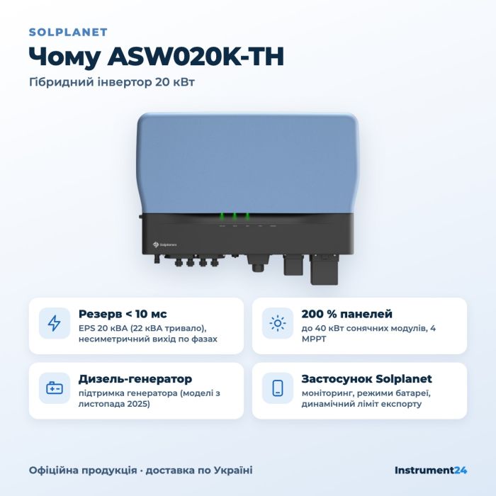 Гібридний інвертор Solplanet ASW020K-TH 20 кВт (трифазний, 4 MPPT)