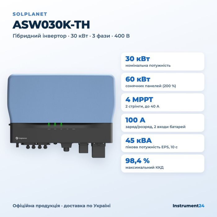 Гібридний інвертор Solplanet ASW030K-TH 30 кВт (трифазний, 4 MPPT)