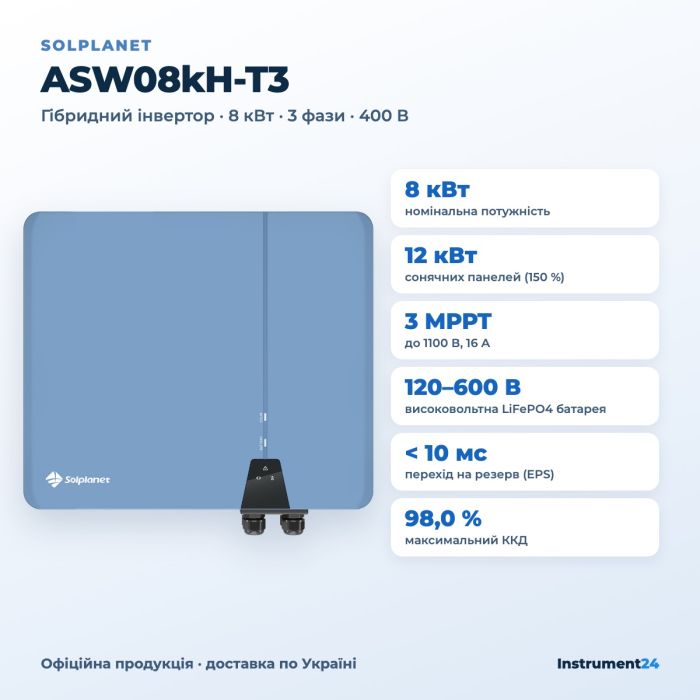 Гібридний інвертор Solplanet ASW08kH-T3 8 кВт (трифазний, 3 MPPT)