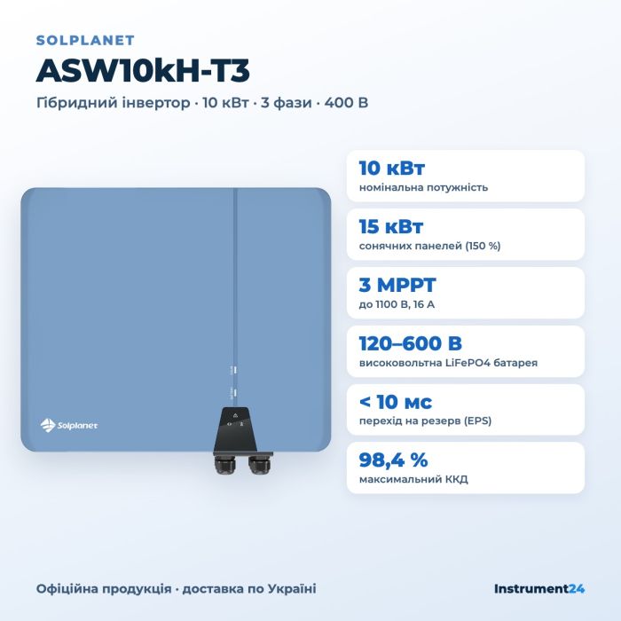 Гібридний інвертор Solplanet ASW10kH-T3 10 кВт (трифазний, 3 MPPT)