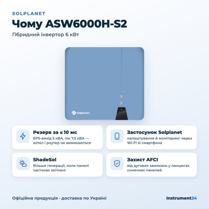 Гібридний інвертор Solplanet ASW6000H-S2 AFCI 6 кВт (однофазний, батарея 48 В)