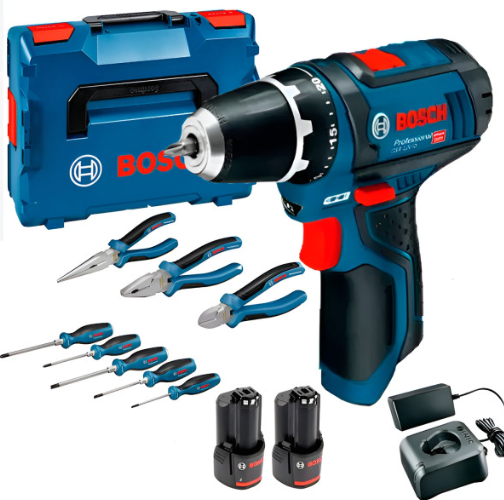 Акумуляторний дриль-шурупокрут Bosch GSR 12V-15 Professional, 2 акб GBA 12V 2.0Ah, з/п GAL 12V-20 і набір інструментів у кейсі