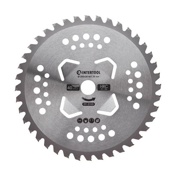 Нож для мотокосы/триммера с твердосплавными напайками ø255 мм, 40T, 4 подрезных лопасти INTERTOOL DT-2350