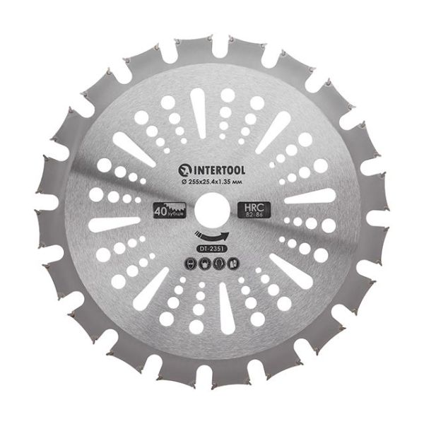 Нож для мотокосы/триммера с твердосплавными напайками ø255 мм, 40T, двусторонний INTERTOOL DT-2351