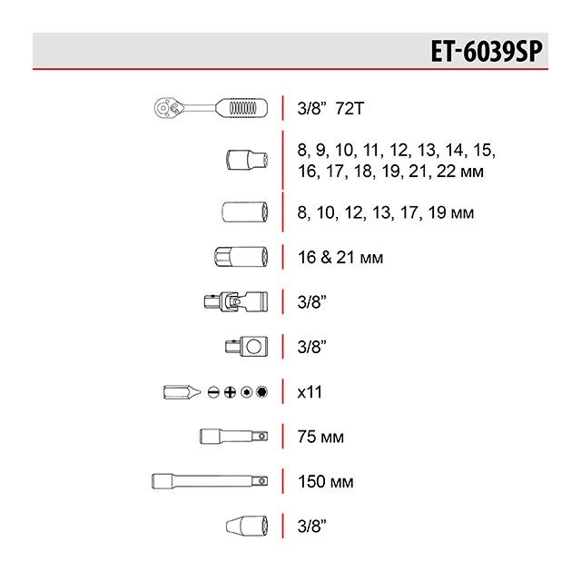 Набір інструментів 3/8", 39 од. INTERTOOL ET-6039SP