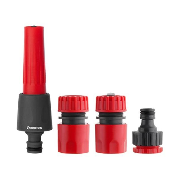 Насадка для полива с плавной регулировкой потока воды, адаптер с резьбой 1/2", 3/4" и 2 коннектора на шланг 1/2" INTERTOOL GE-0024