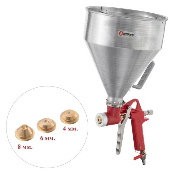 Распылитель штукатурный пневматический, форсунки: 4, 6, 8 мм, верхний металлический бачок, 6000 мл, 3-6 атм INTERTOOL PT-0401