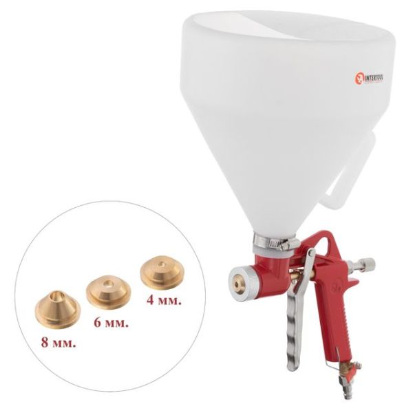 Распылитель штукатурный пневматический, форсунки: 4, 6, 8 мм, верхний пластиковый бачок, 7000 мл, 3-6 атм INTERTOOL PT-0402