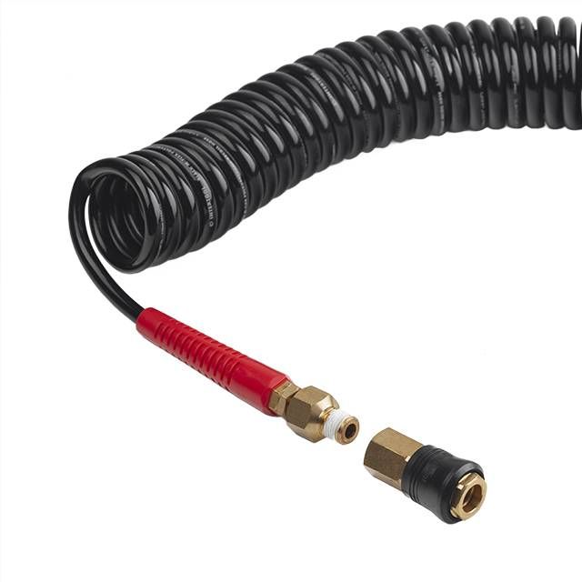 Шланг BLACK M-Flex STORM, 15 м, 5,5*8 мм, спиральный полиуретановый c поворотным шарниром, латунными быстроразъемными соединениями INTERTOOL PT-1791