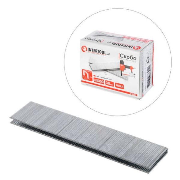 Скоба для степлера PT-1612 30×5,7(5,8) мм, 18GA, 1,25×1,0 мм, 5000 шт/упак INTERTOOL PT-8330 Скоба для степлера PT-1612 30×5,7(5,8) мм, 18GA, 1,25×1,0 мм, 5000 шт/упак INTERTOOL PT-8330