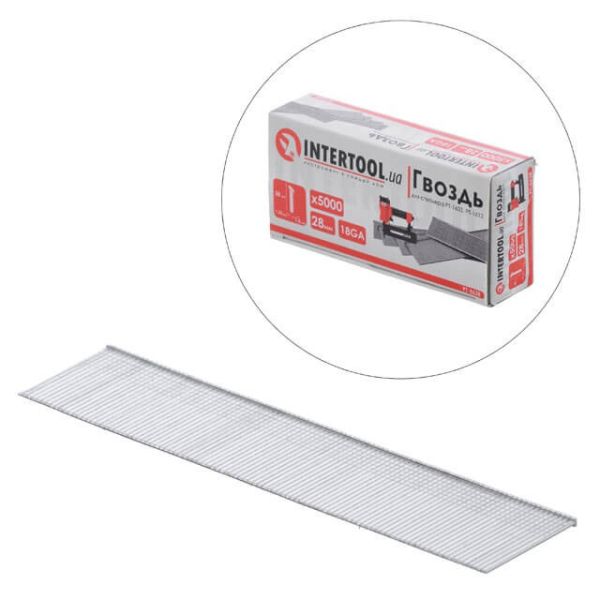 Гвоздь для степлера PT-1603, PT-1612, 28 мм, 18GA, 1,0×1,25 мм, 5000 шт/упак INTERTOOL PT-8628 Гвоздь для степлера PT-1603, PT-1612, 28 мм, 18GA, 1,0×1,25 мм, 5000 шт/упак INTERTOOL PT-8628
