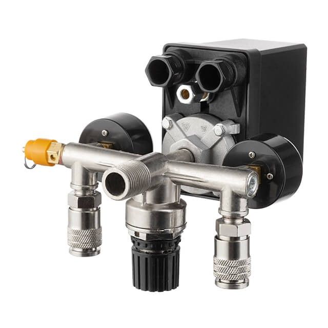 Прессостат 380 В (блок автоматики компрессора) 10 bar в сборе, (прессостат, редуктор, 2 манометра, предохранительный клапан, два выхода) INTERTOOL PT-9097