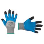 Перчатка трикотажная, усиленная, 10", облив ладони вспененным латексом синего цвета, покрытие пальцев морщинистым латексом черного цвета INTERTOOL SP-0107