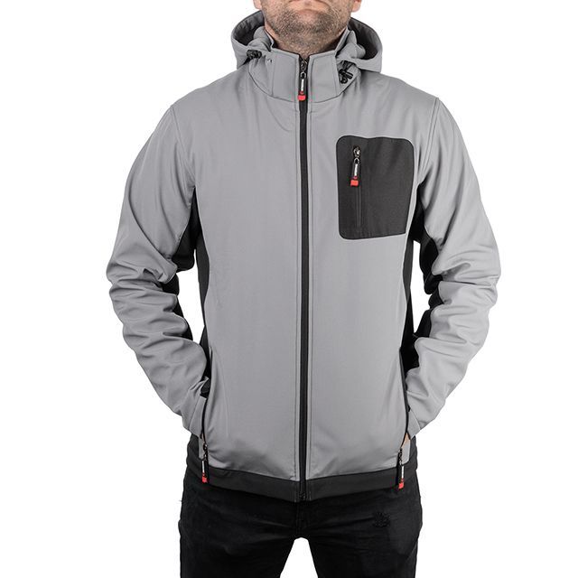 Куртка SOFTSHELL світлосиро-чорна, з капюшоном, тришарова, тканина - стрейч 300 GSM 100D, з водо- і вітрозахистом, розмір S INTERTOOL SP-3121