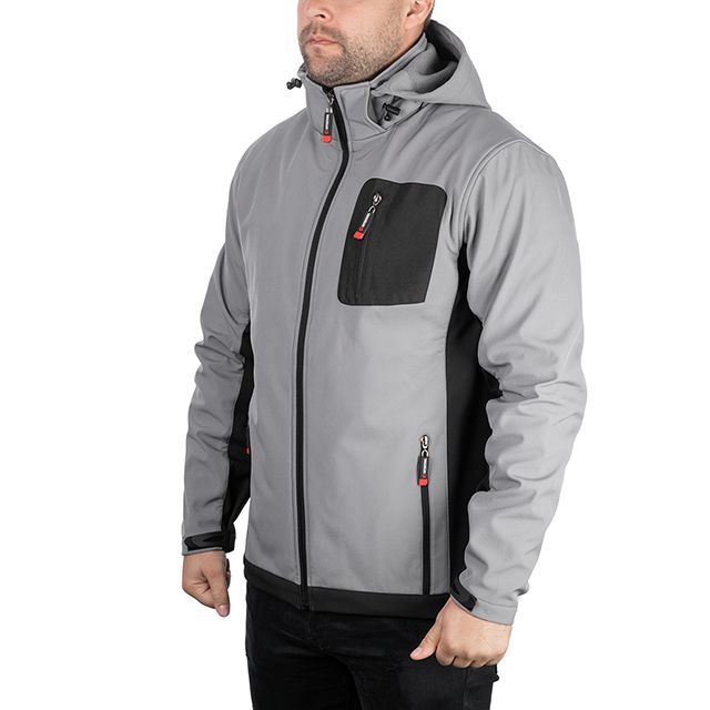 Куртка SOFTSHELL світлосиро-чорна, з капюшоном, тришарова, тканина - стрейч 300 GSM 100D, з водо- і вітрозахистом, розмір S INTERTOOL SP-3121