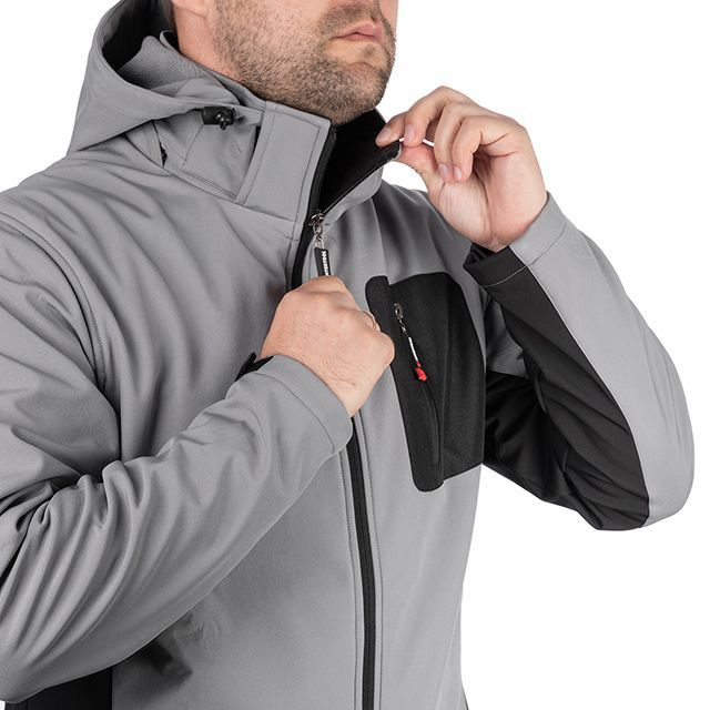 Куртка SOFTSHELL світло сіро-чорна, з капюшоном, тришарова, тканина - стрейч 300 GSM 100D, з водо- та вітрозахистом, розмір L INTERTOOL SP-3123