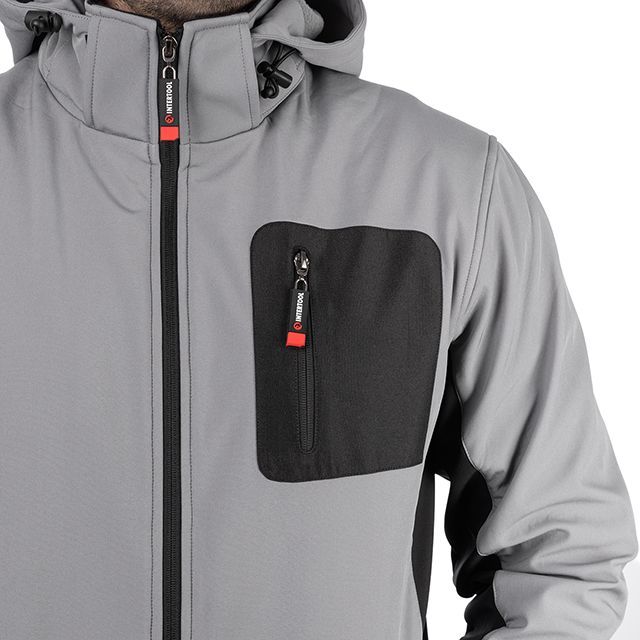 Куртка SOFTSHELL светло серо-черная, с капюшоном, трехслойная, ткань стрейч 300 GSM 100D с водо-, ветрозащитой, размер XL INTERTOOL SP-3124