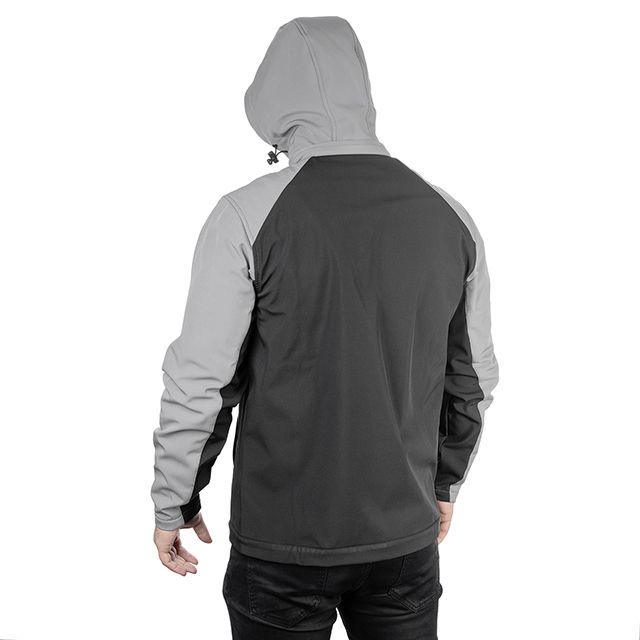 Куртка SOFTSHELL світло сіро-чорна, з капюшоном, тришарова, тканина - стрейч 300 GSM 100D, з водо- та вітрозахистом, розмір XL INTERTOOL SP-3124