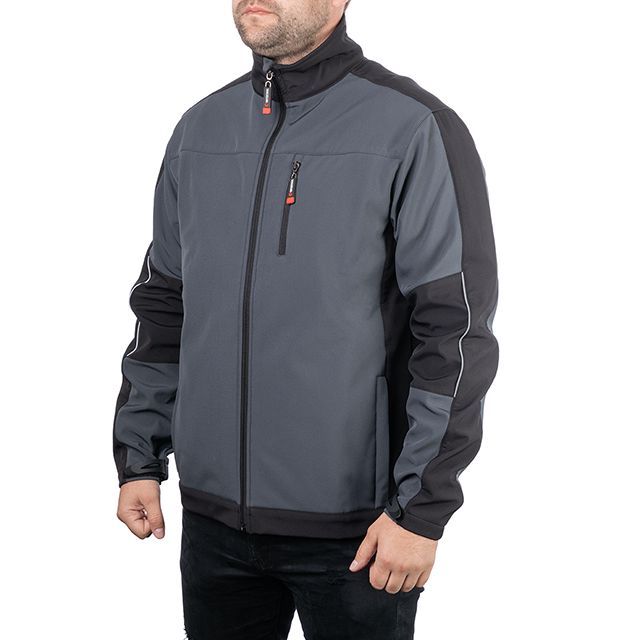 Куртка SOFTSHELL, темно серо-черная, трехслойная, ткань стрейч 300GSM 100D, с водо-, ветрозащитой, S INTERTOOL SP-3131