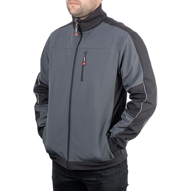 Куртка SOFTSHELL, темно серо-черная, трехслойная, ткань стрейч 300GSM 100D, с водо-, ветрозащитой, S INTERTOOL SP-3131