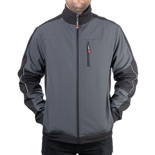 Куртка SOFTSHELL, темно серо-черная, трехслойная, ткань стрейч 300GSM 100D, с водо-, ветрозащитой, S INTERTOOL SP-3131