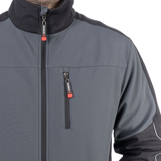 Куртка SOFTSHELL, темно серо-черная, трехслойная, ткань стрейч 300GSM 100D, с водо-, ветрозащитой, S INTERTOOL SP-3131