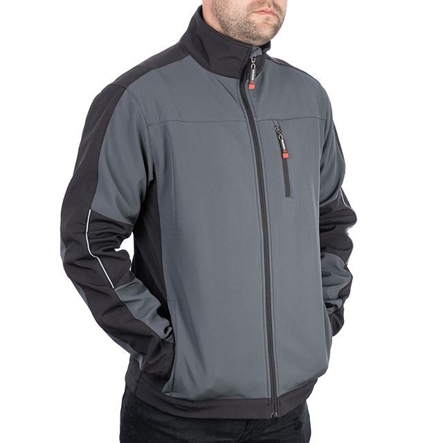 Куртка SOFTSHELL, темно серо-черная, трехслойная, ткань стрейч 300GSM 100D, с водо-, ветрозащитой, S INTERTOOL SP-3131