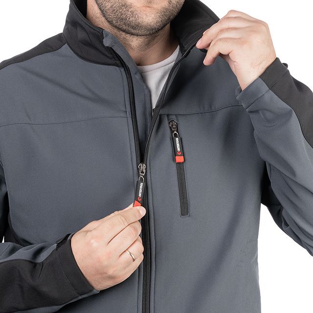 Куртка SOFTSHELL, темно серо-черная, трехслойная, ткань стрейч 300GSM 100D, с водо-, ветрозащитой, S INTERTOOL SP-3131