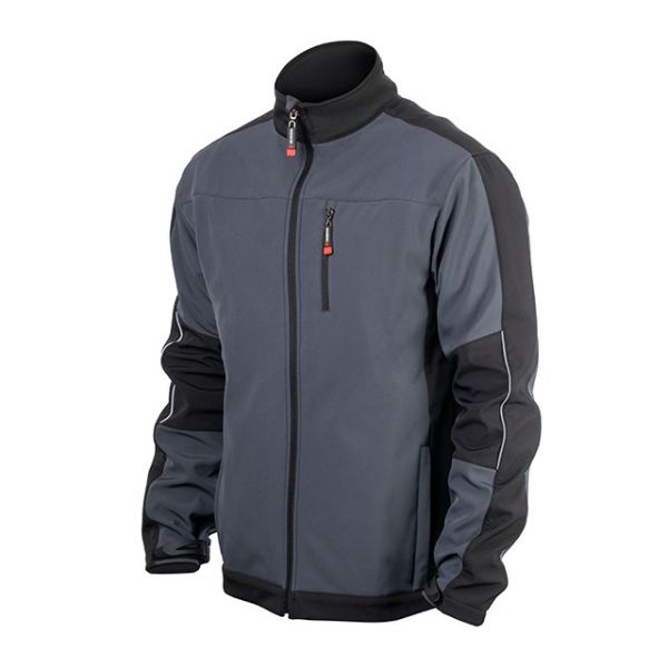 Куртка SOFTSHELL, темно серо-черная, трехслойная, ткань стрейч 300GSM 100D, с водо-, ветрозащитой, М INTERTOOL SP-3132