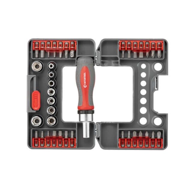 Отвертка реверсионная с комплектом насадок и головок 38 ед, STORM INTERTOOL VT-3638