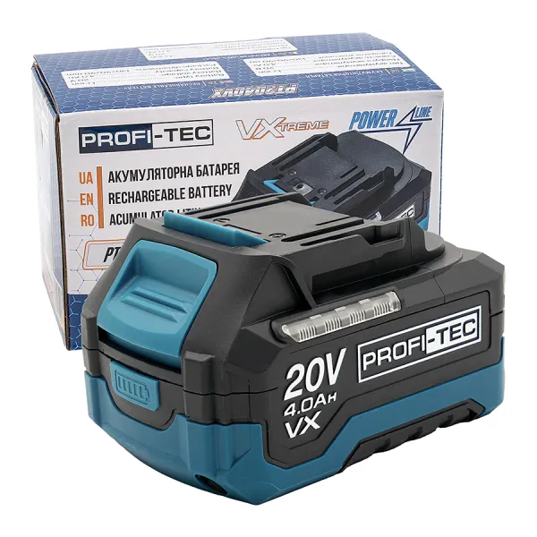 Акумуляторна батарея PROFI-TEC PT2040VX POWERLine (20 В / 4.0 Аг, високострумова, з індикатором) Акумуляторна батарея PROFI-TEC PT2040VX POWERLine (20 В / 4.0 Аг, високострумова, з індикатором)