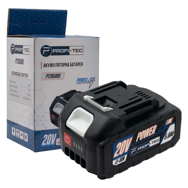 Акумуляторна батарея PROFI-TEC PT2050DG POWERLine (20 В / 5.0 Аг, високострумова, з індикатором) Акумуляторна батарея PROFI-TEC PT2050DG POWERLine (20 В / 5.0 Аг, високострумова, з індикатором)