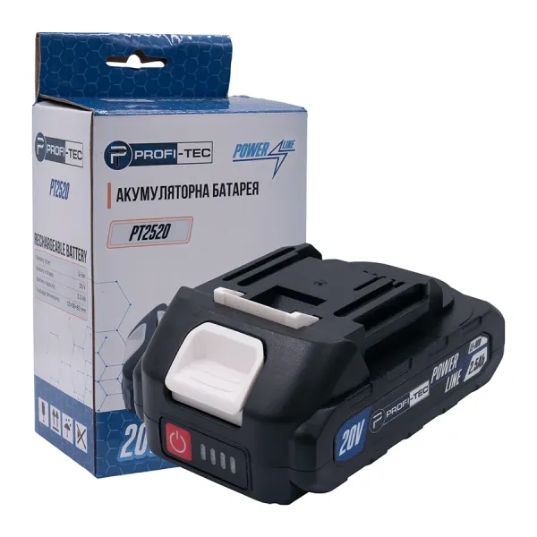 Акумуляторна батарея PROFI-TEC PT2520MP POWERLine (20 В / 2.5 Аг, високострумова, з індикатором) Акумуляторна батарея PROFI-TEC PT2520MP POWERLine (20 В / 2.5 Аг, високострумова, з індикатором)