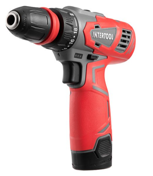 Дрель-шуруповерт аккумуляторная 12 В, 30 Nm, 0-350/0-1300 об/мин, 0.8-10 мм, литий-ион, 1.5 Ач, съемный патрон INTERTOOL DT-0314